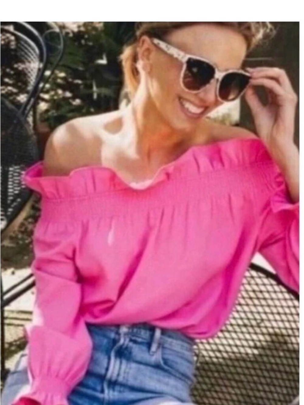 Tuckernuck Ruffled Off the Shoulder Marguerite Long Sleeve Blouse - Size m Pink